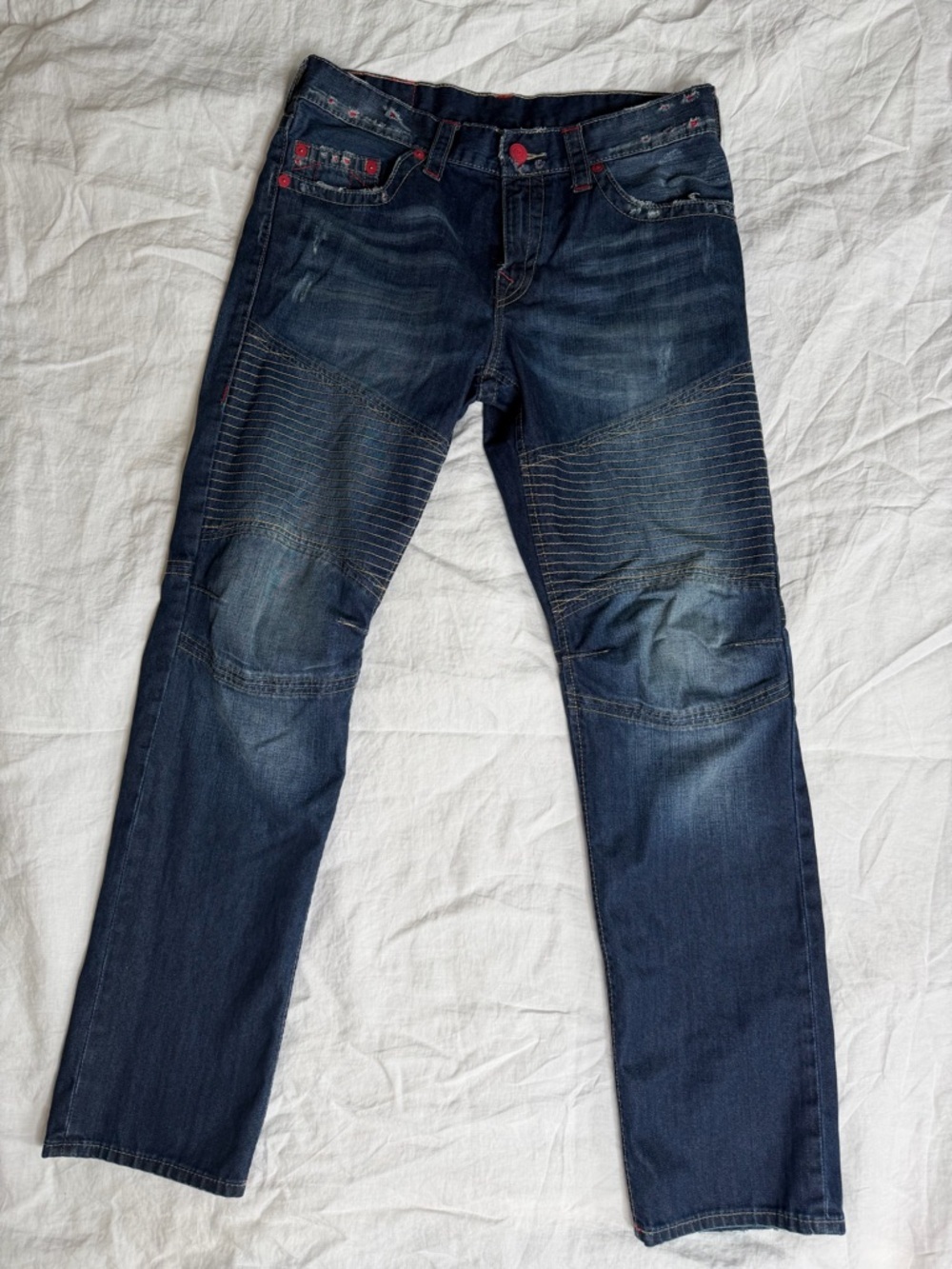 True Religion Geno Slim Moto Jeans Red Stitching Section Moto Seat men’s size 34